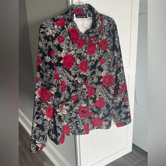 Briggs New York Black Floral Print Faux Suede Button Down Jacket Women’s Large - Picture 12 of 12